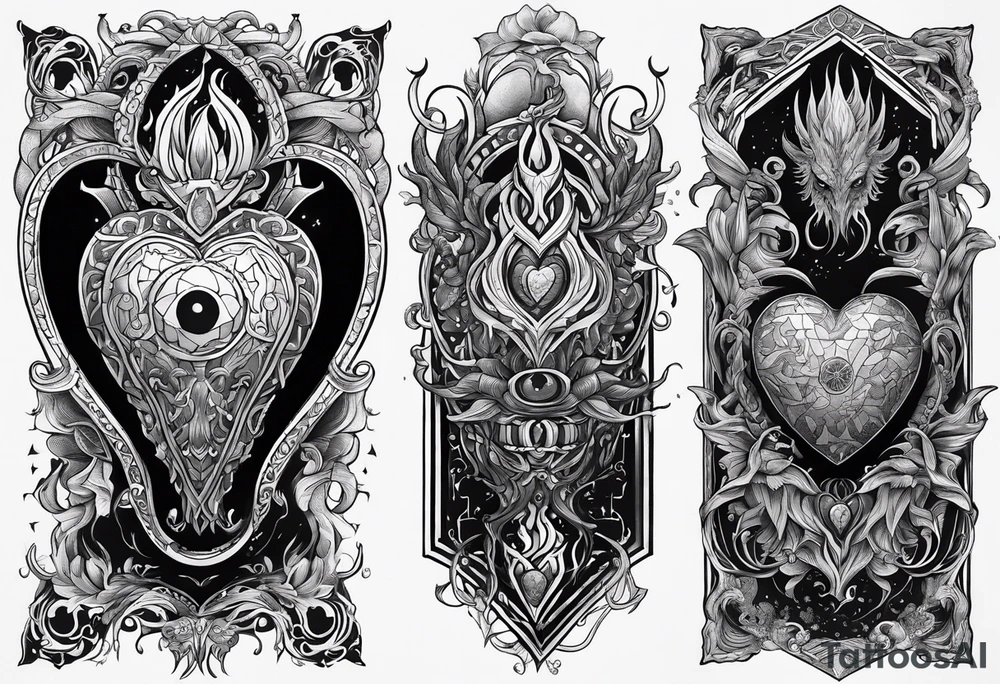 Long tattoo for arm. Lovecraftian creature, protecting a heart. Ctulhu. tattoo idea
