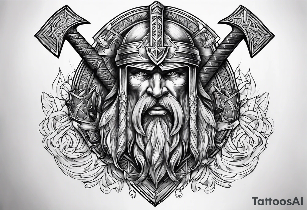 Valhalla sword shield axe Valknut fire tattoo idea