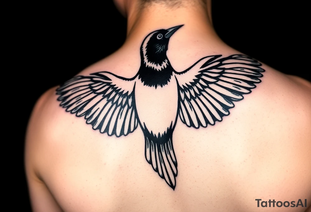 Magpie with spread wings looking over it's shoulder tattoo idea