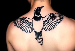 Magpie with spread wings looking over it's shoulder tattoo idea