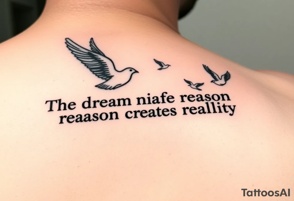 "Forearm text tattoo: phrase 'The dream of reason creates reality' in monospace font, where letters gradually transform into flying pixelated doves. Black ink only, glitch effect between words." tattoo idea