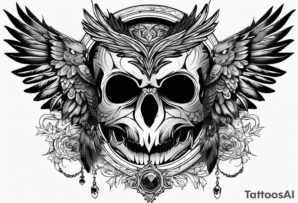 Gothic Skull and owl with open wings tattoo idea