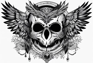 Gothic Skull and owl with open wings tattoo idea