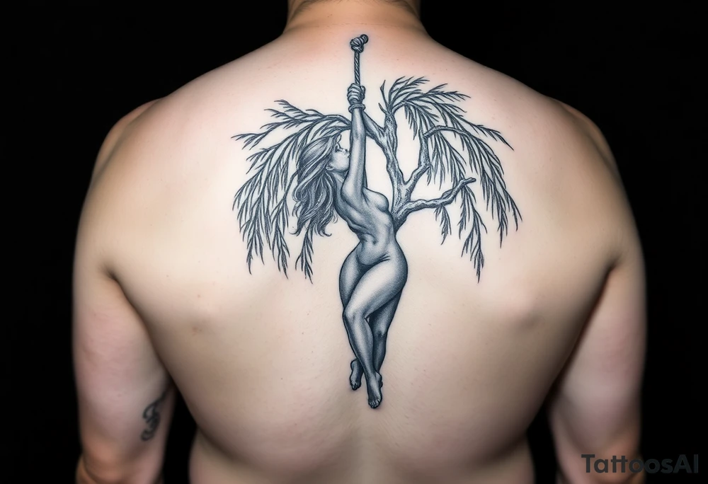 Fat sexy woman hanging with a noose around her neck a weeping willow tree tattoo idea