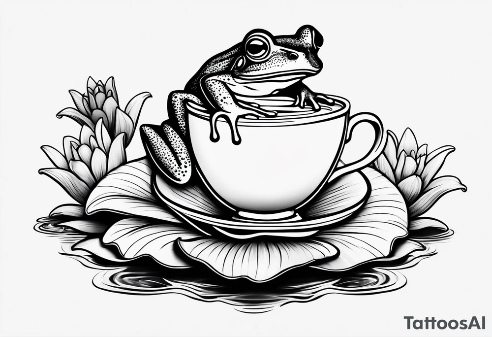 A frog on a lily pad drinking a cup of tea. tattoo idea
