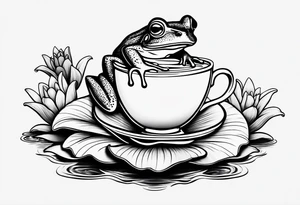 A frog on a lily pad drinking a cup of tea. tattoo idea