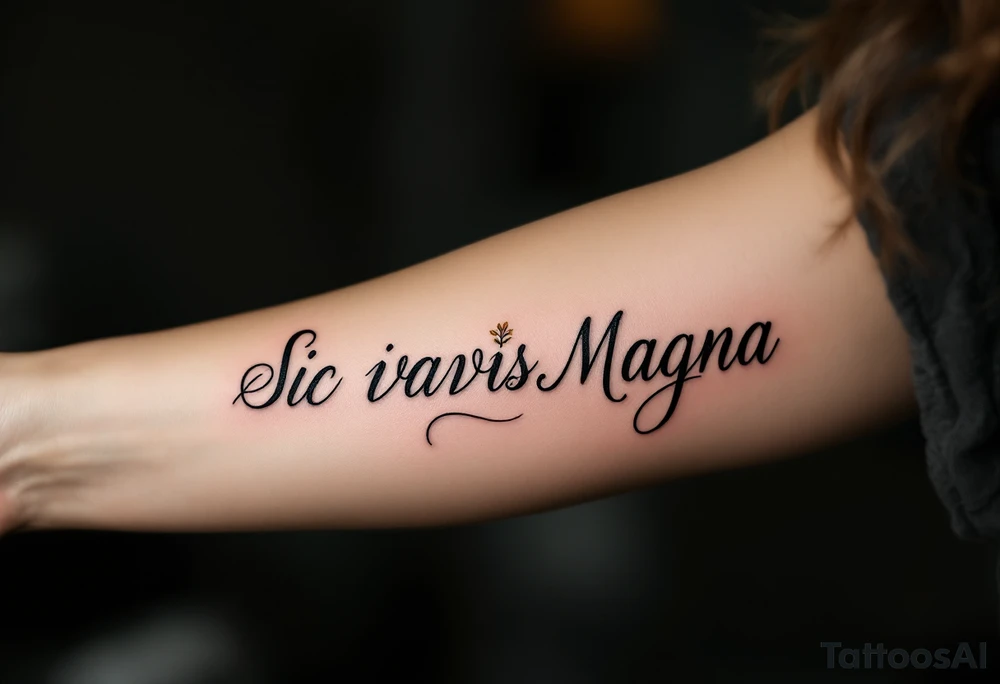 "Sic Parvis Magna" (Greatness from small beginnings), written in classical cursive, with a tiny seed sprouting into a tree, inked in black, dark green, and warm brown. tattoo idea