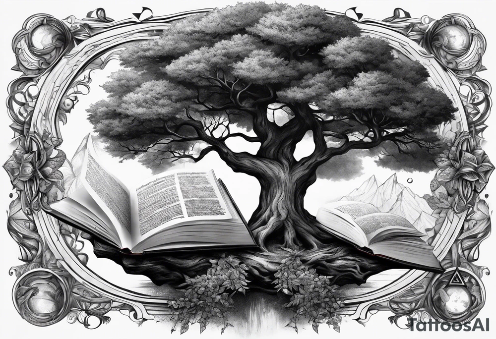 tree growing from book with branches containing triangle portals to another worlds tattoo idea tree growing from book with branches containing triangle portals to another worlds tattoo idea