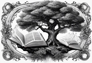 tree growing from book with branches containing triangle portals to another worlds tattoo idea