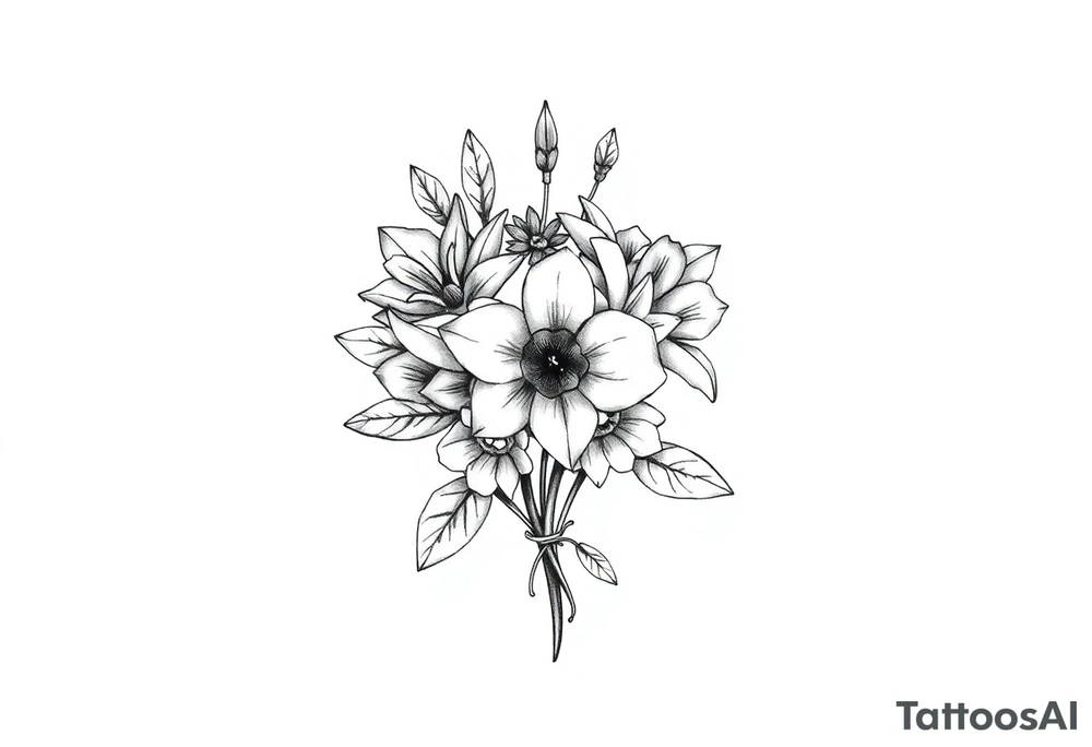 small flower bouquet that has daffodil, violet and narcisuss tattoo idea