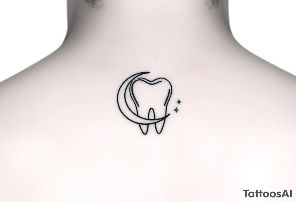 Tiny fine-line outline of a molar tooth framed by a thin crescent moon hugging its side, with three very small sparkling dots around, elegant and subtle. tattoo idea