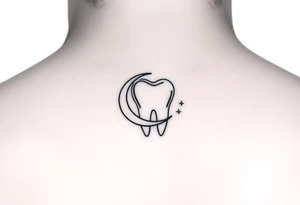 Tiny fine-line outline of a molar tooth framed by a thin crescent moon hugging its side, with three very small sparkling dots around, elegant and subtle. tattoo idea