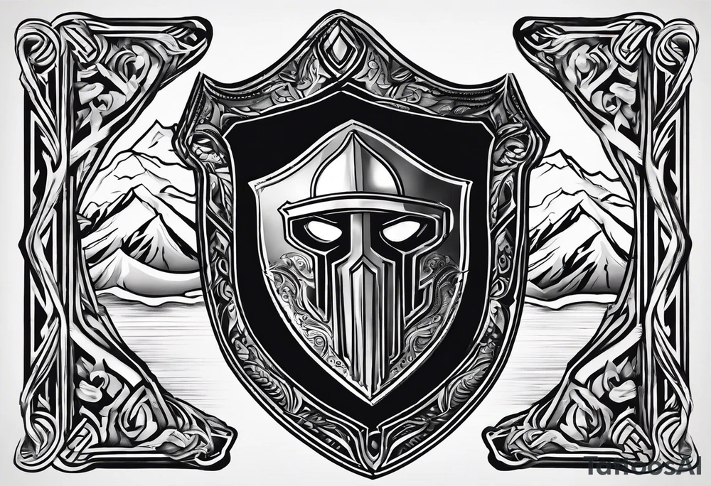 A shield on fire adorned with a mountain and a maul tattoo idea