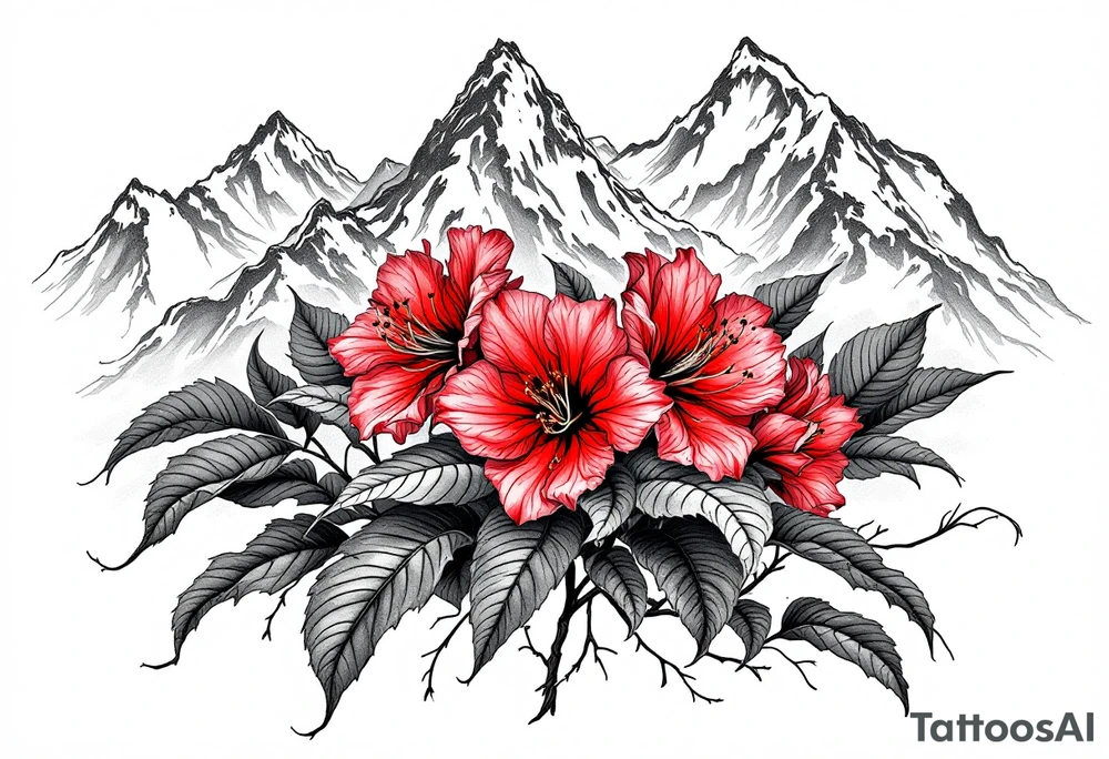 red  and black rhododendron trippy with Himalayas behind tattoo idea