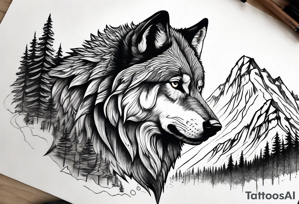 Mountains, wolf in it tattoo idea