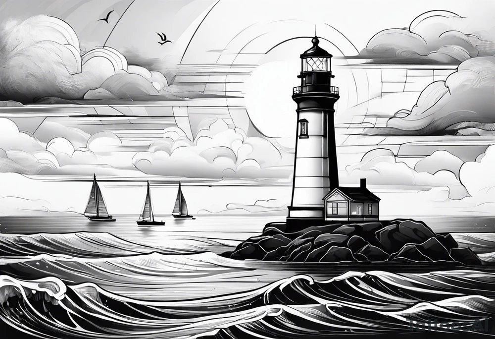 maritime lighthouse partially hidden by its large fixed sail. calm sea reflection. tattoo idea