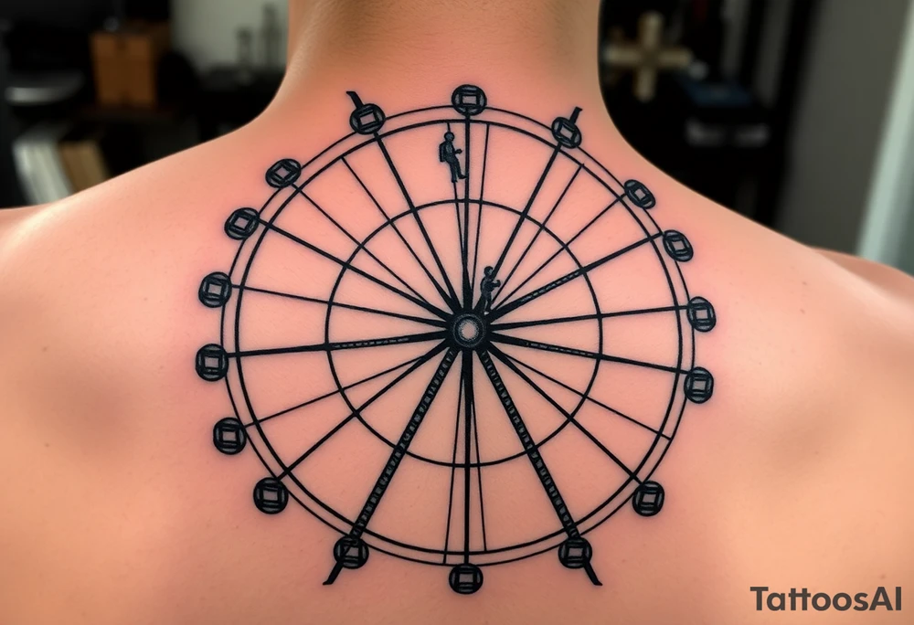 A Ferris wheel with tiny figures climbing it, representing Tris and Four’s iconic moment of trust and bravery, representing movie Divergent tattoo idea