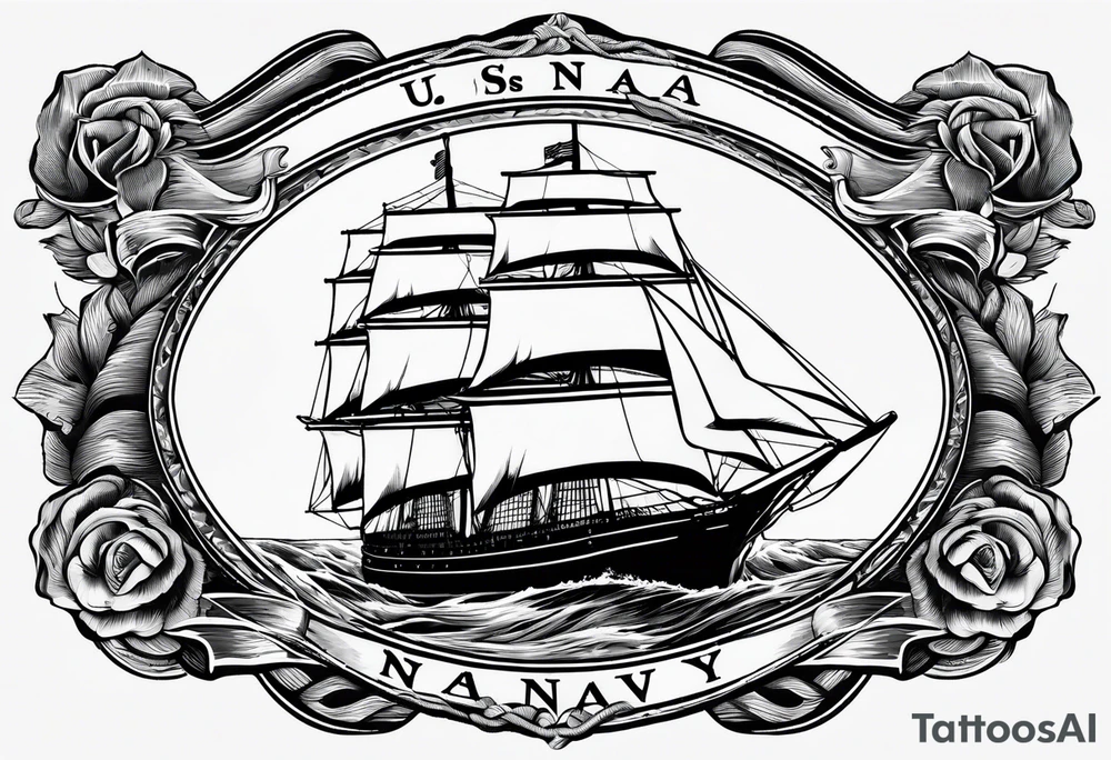 sailing ship in rough seas, front porfile, in oval with rope border, super imposed over crossed cannons, banner at bottom that says US Navy tattoo idea