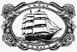 sailing ship in rough seas, front porfile, in oval with rope border, super imposed over crossed cannons, banner at bottom that says US Navy tattoo idea