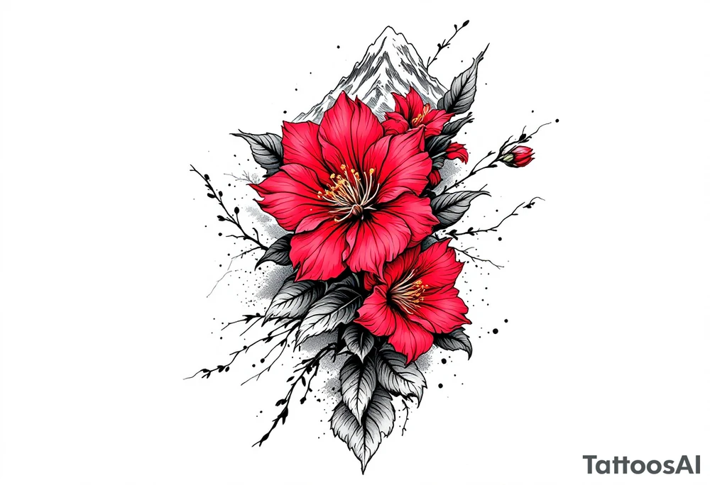wrist size red  and black rhododendron trippy with Himalayas behind tattoo idea