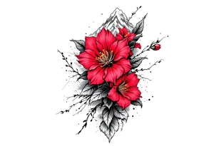 wrist size red  and black rhododendron trippy with Himalayas behind tattoo idea