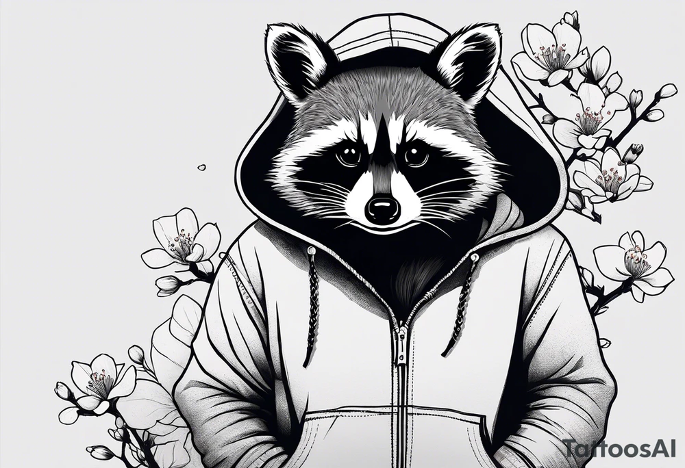 Raccoon wearing a Superman hoodie and Japanese cherry blossoms tattoo idea
