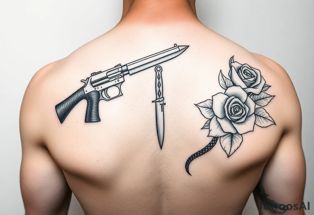 9mm gun. Knife. Snake. Roses tattoo idea