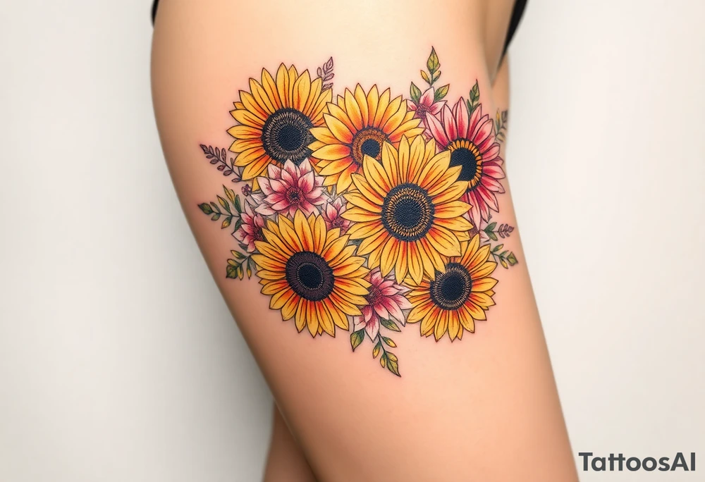 Bouquet of sunflowers, water Lillies, dahlias, marigolds, carnations, hydrangeas, daisys, and chrysanthemums tattoo idea