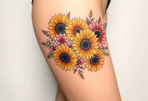 Bouquet of sunflowers, water Lillies, dahlias, marigolds, carnations, hydrangeas, daisys, and chrysanthemums tattoo idea