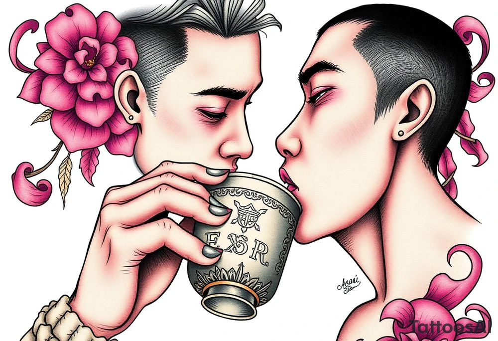 Handsome Asian young guy is drinking from medieval feast cup tattoo idea