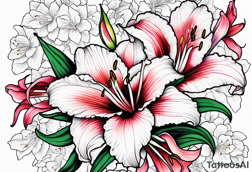 Lily, gladioli, cherry blossom, forget me nots tattoo idea