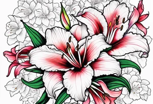 Lily, gladioli, cherry blossom, forget me nots tattoo idea