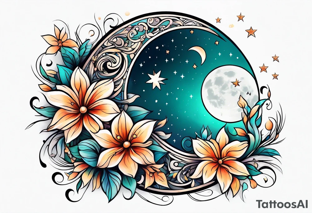 Moon stars flowers tattoo idea