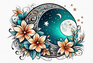Moon stars flowers tattoo idea