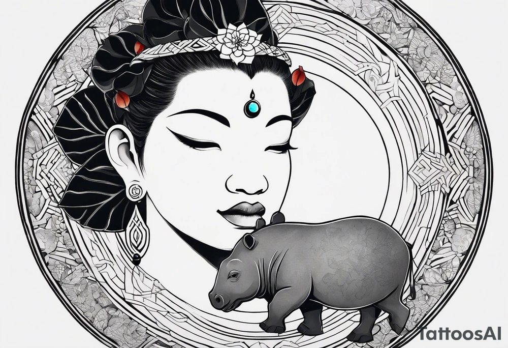 Very asymmetrical, +geometric pattern, with realistic full moon, with hippo at side look, +zen feel, + Buddhism touch, +tribal, +geometric, +inkart , +blackwork
with wintersweet flower bud, +portrait orientation, +inkart touch, tattoo idea