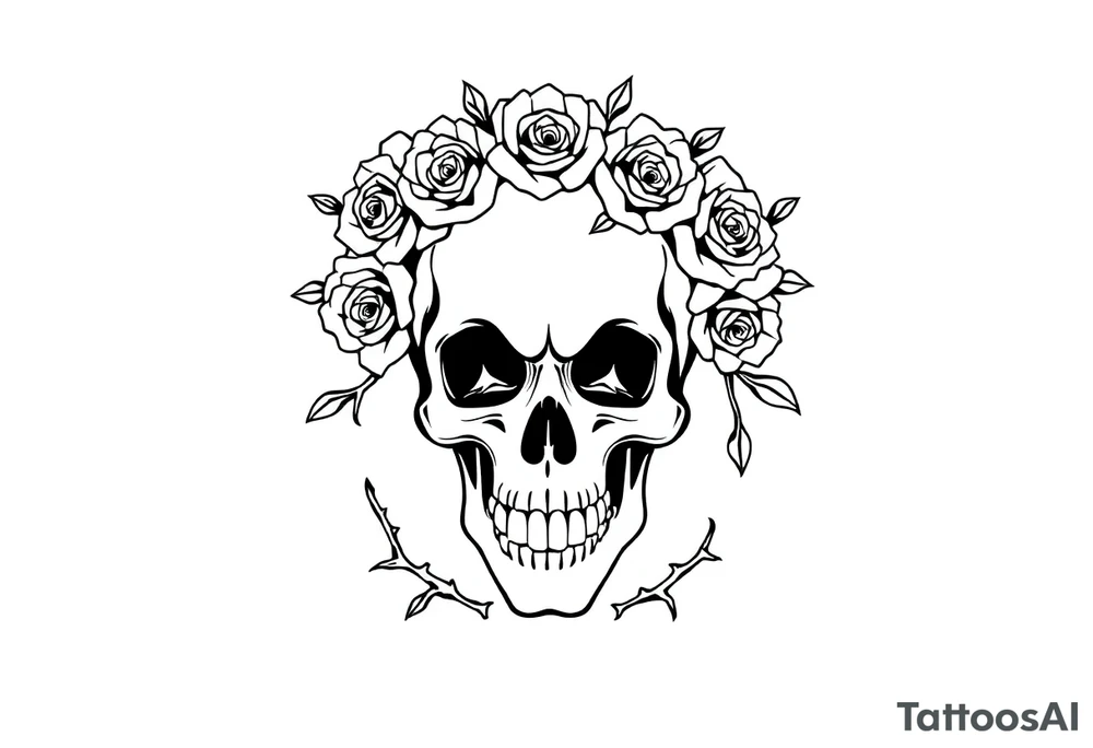 ornate skull adorned with crown of wild roses and thorns tattoo idea