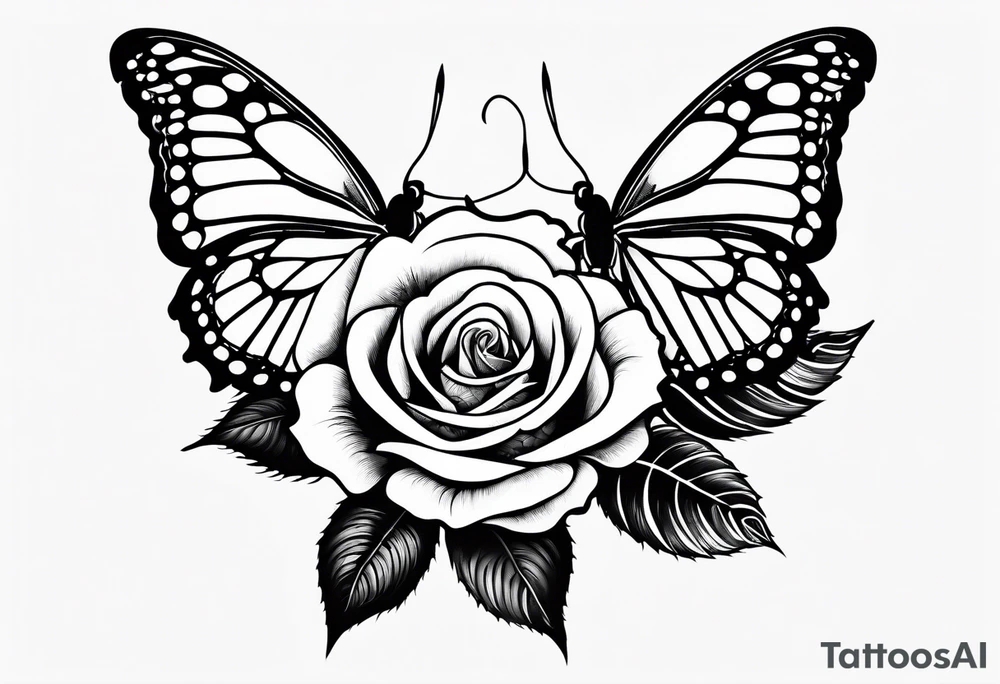 Roses on a vine, thorns, butterfly wings in the center tattoo idea