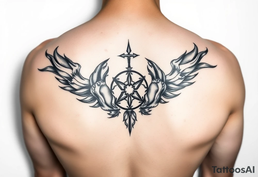 Tatuaż nad klatka piersiową, dwa kruki,  pomiędzy nimi islandzkie symbole, Mroczny tatuaż tattoo idea