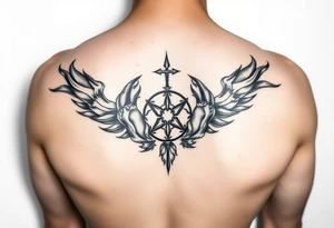 Tatuaż nad klatka piersiową, dwa kruki,  pomiędzy nimi islandzkie symbole, Mroczny tatuaż tattoo idea