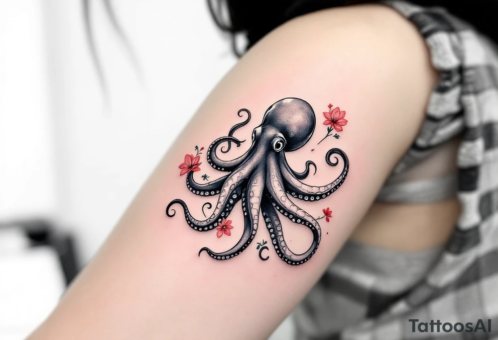 A small realistic black and grey tattoo of an octopus, cute, with detailed shading and soft linework, showing the octopus with swirling tentacles, on light skin. ornamental flowers around with red ink. The style is minimalistic and elegant, resembling fine-line tattoo with a shadow tattoo idea