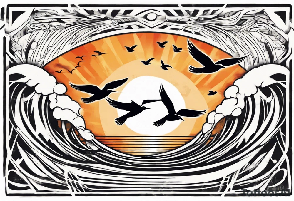 Sunset over the sea with birds flying in a rectangle tattoo idea