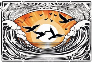 Sunset over the sea with birds flying in a rectangle tattoo idea