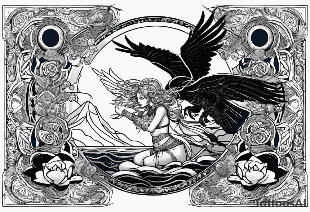 black kali, goddess pirate, alien, angel, pachamama, valkrye, warrior, flying, skull, lotus azul, wing, eagle, zenza resonance, stars, 5D, anahata chakra, death, durga, riding on a tiger, flying lady tattoo idea