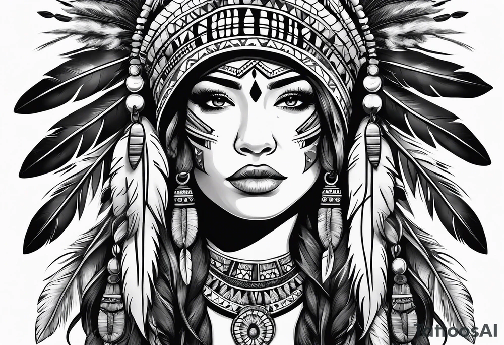 Native style bear pelt with woman and traditional headdress tattoo idea