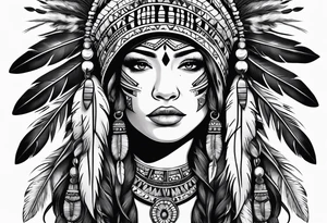 Native style bear pelt with woman and traditional headdress tattoo idea