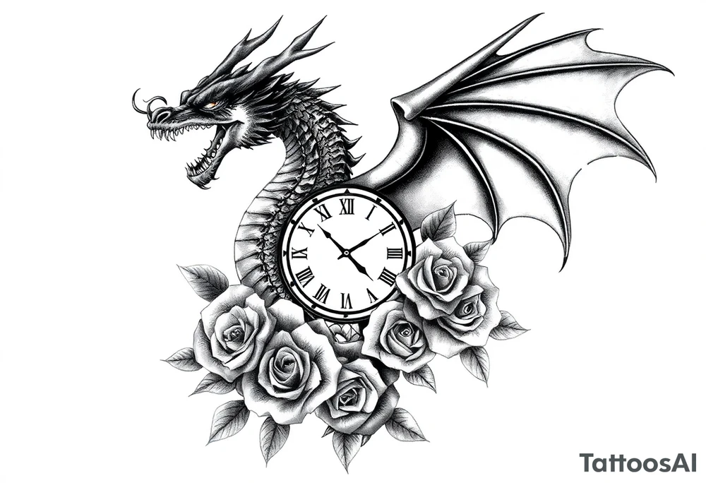 Dark dragon tattoo with clock, dollars and roses on background tattoo idea