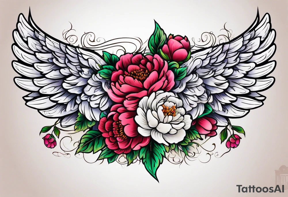 beautiful angel wings with colorful, peonies. beautiful flilligree in the background , full color, traditional old school , white background tattoo idea