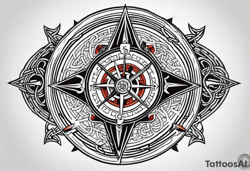 Two Celtic swords going through a compass with a labyrinth throughout tattoo idea