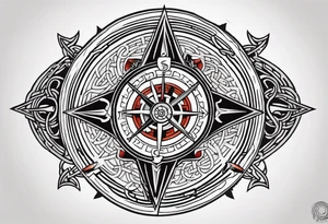 Two Celtic swords going through a compass with a labyrinth throughout tattoo idea