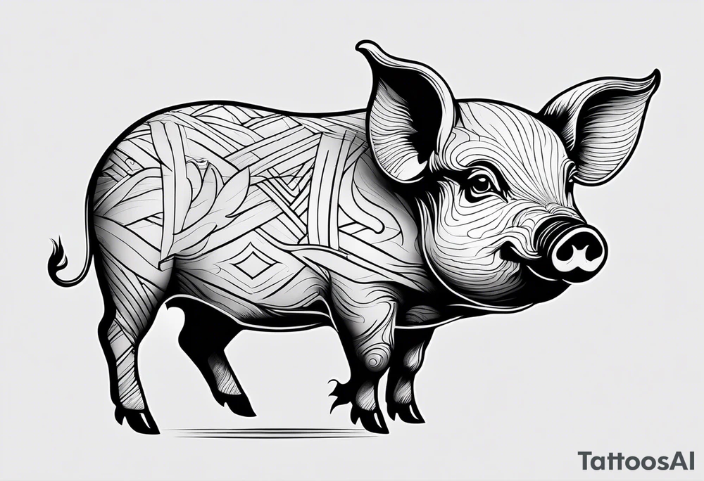 minimalist tattoo of a cute pig or piglet that contains text: "friends. not food" 

only very thin lines. no shading. black and white only tattoo idea